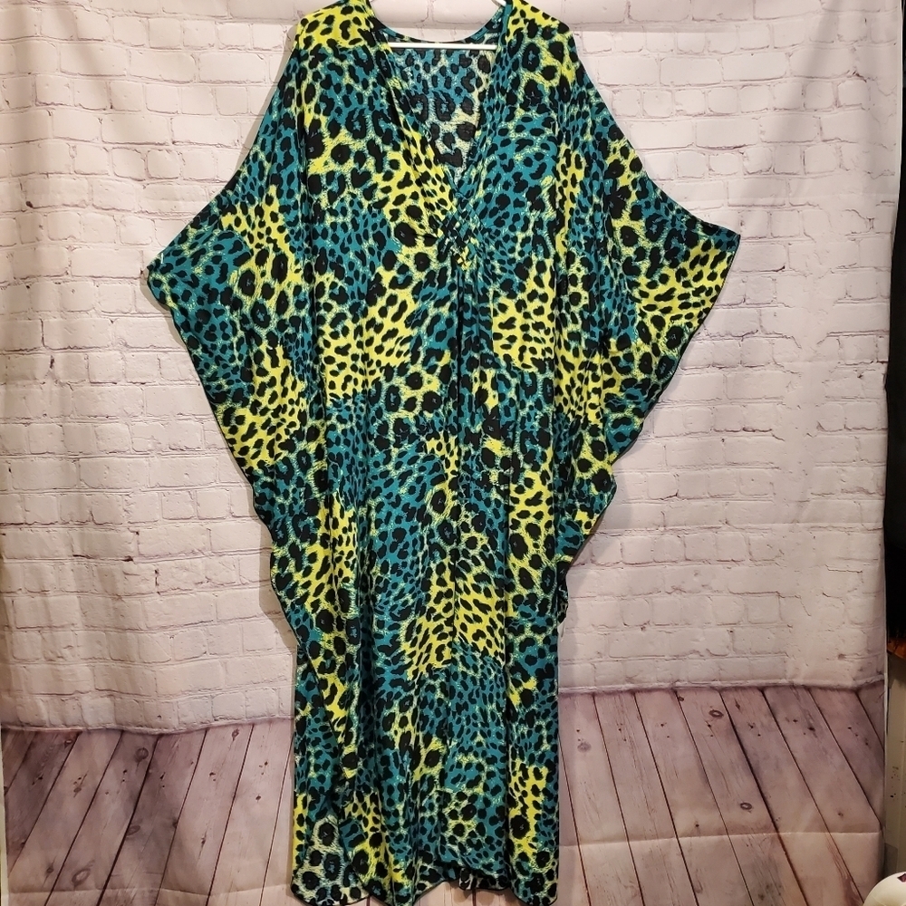 Leopard Print Bikini Coverup Over Size Cover Up Colorful Kaftan Dress - Picture 1 of 2